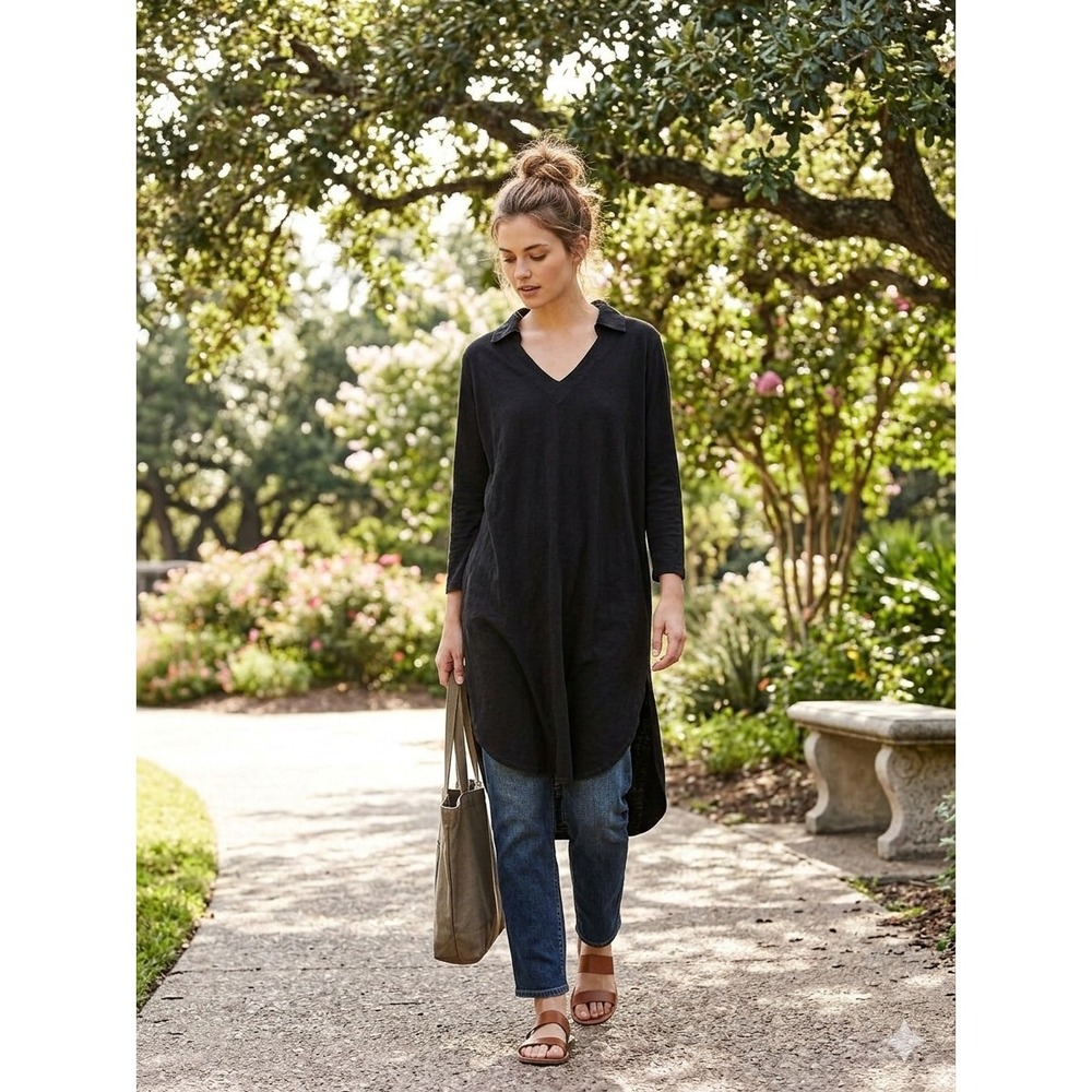 Cut Loose Black Linen Cotton V-Neck Tunic Top High‎ Low Hem USA Made Large